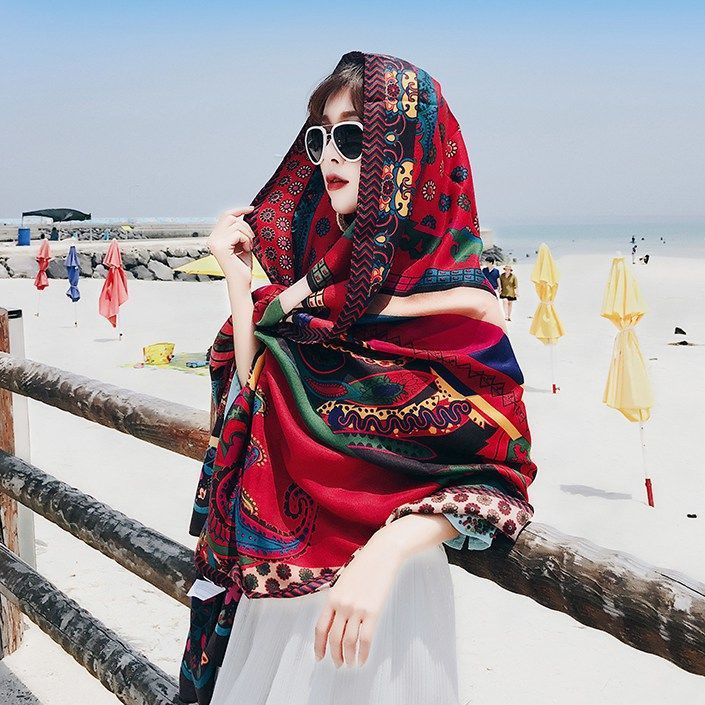 Wholesale Cotton and Linen Big Shawl Travel Sunscreen Vacation Silk Scarf